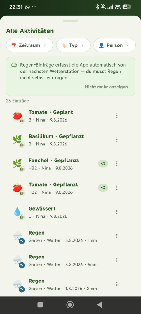 Gemeinsamer Verlauf: wer wann gepflanzt, gegossen oder geerntet hat