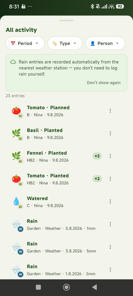 The shared log: who planted, watered or harvested, and when